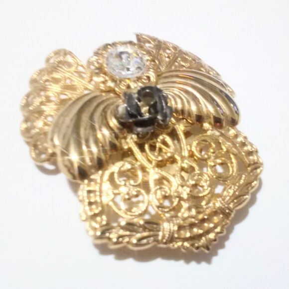 Vintage 1990's Signed Jane Gold Tone Filigree Rhinestone Accented Angel Brooch - Picture 4 of 6